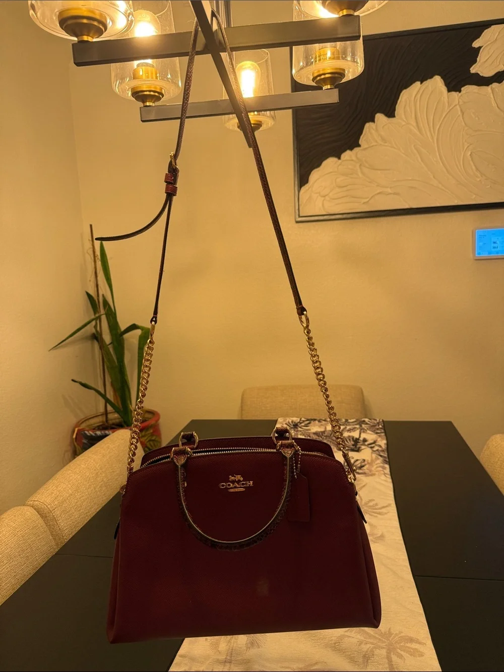 Coach Burgundy Leather Satchel with Gold Chain Strap